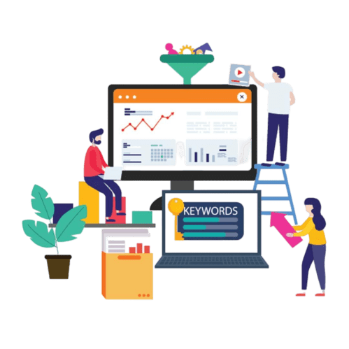 Illustration of people working on digital marketing. One person looks at data on a large computer screen, another climbs a ladder to place a document into a funnel, and a third person holds a tablet. Keywords are highlighted on a laptop in the foreground, emphasizing efforts to enhance ROI for the digital marketing agency on the service page of Pay per click-ppc