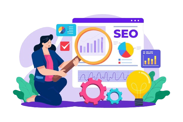 An illustration of a person kneeling and analyzing a graph with a magnifying glass in front of an SEO dashboard, surrounded by charts, graphs, icons, gears, and a lightbulb symbolizing data analysis and creativity. Perfect for showcasing the role of an SEO in enhancing ROI at a digital marketing agency.